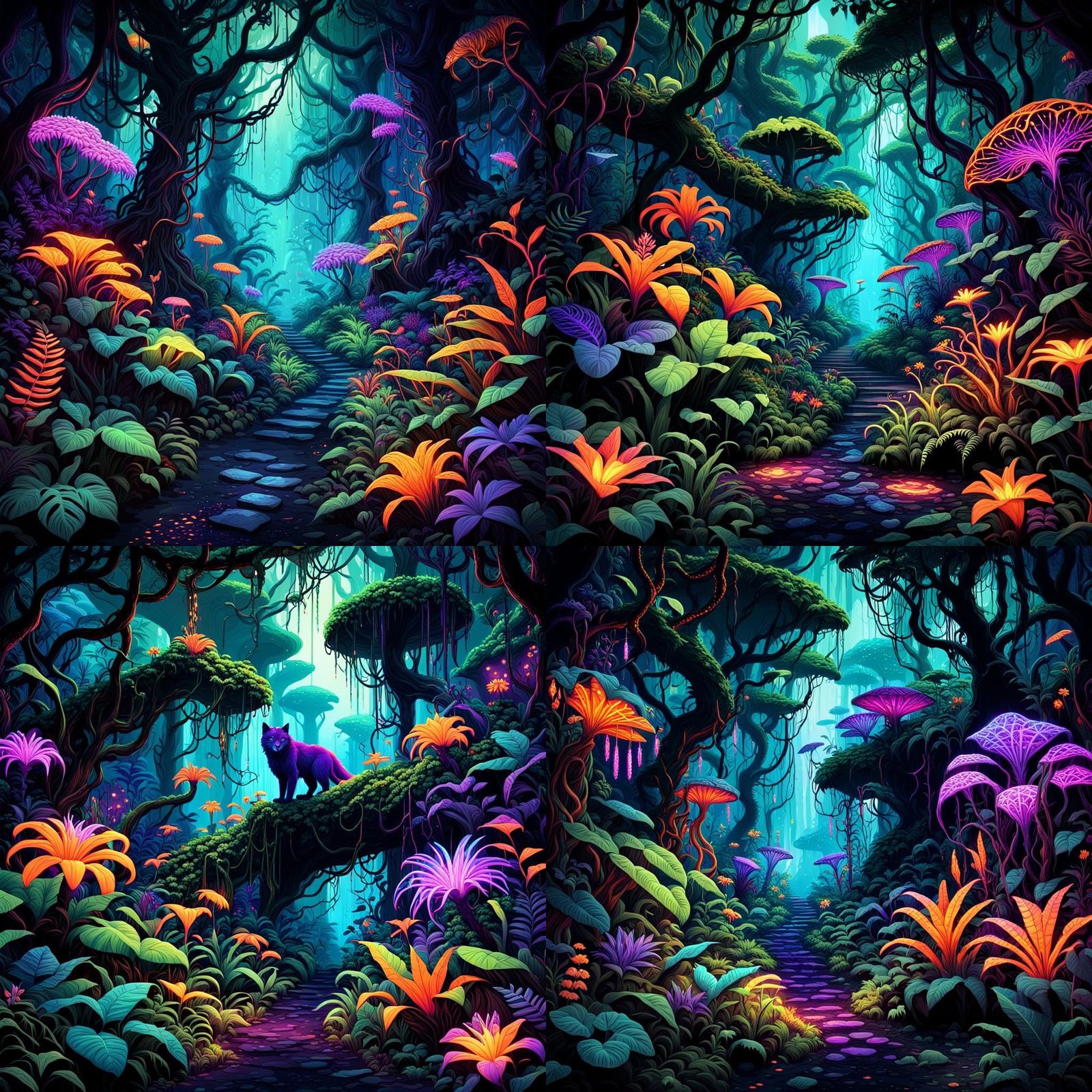 Fluorescent Fantasy Jungle with Glowing Neon Life
