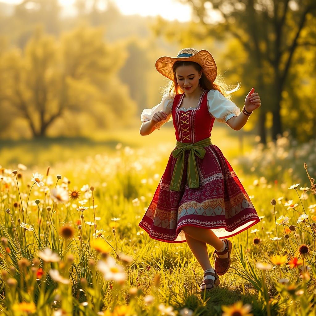 Lively Dutch Clog Dancer in Idyllic Wildflower Meadow