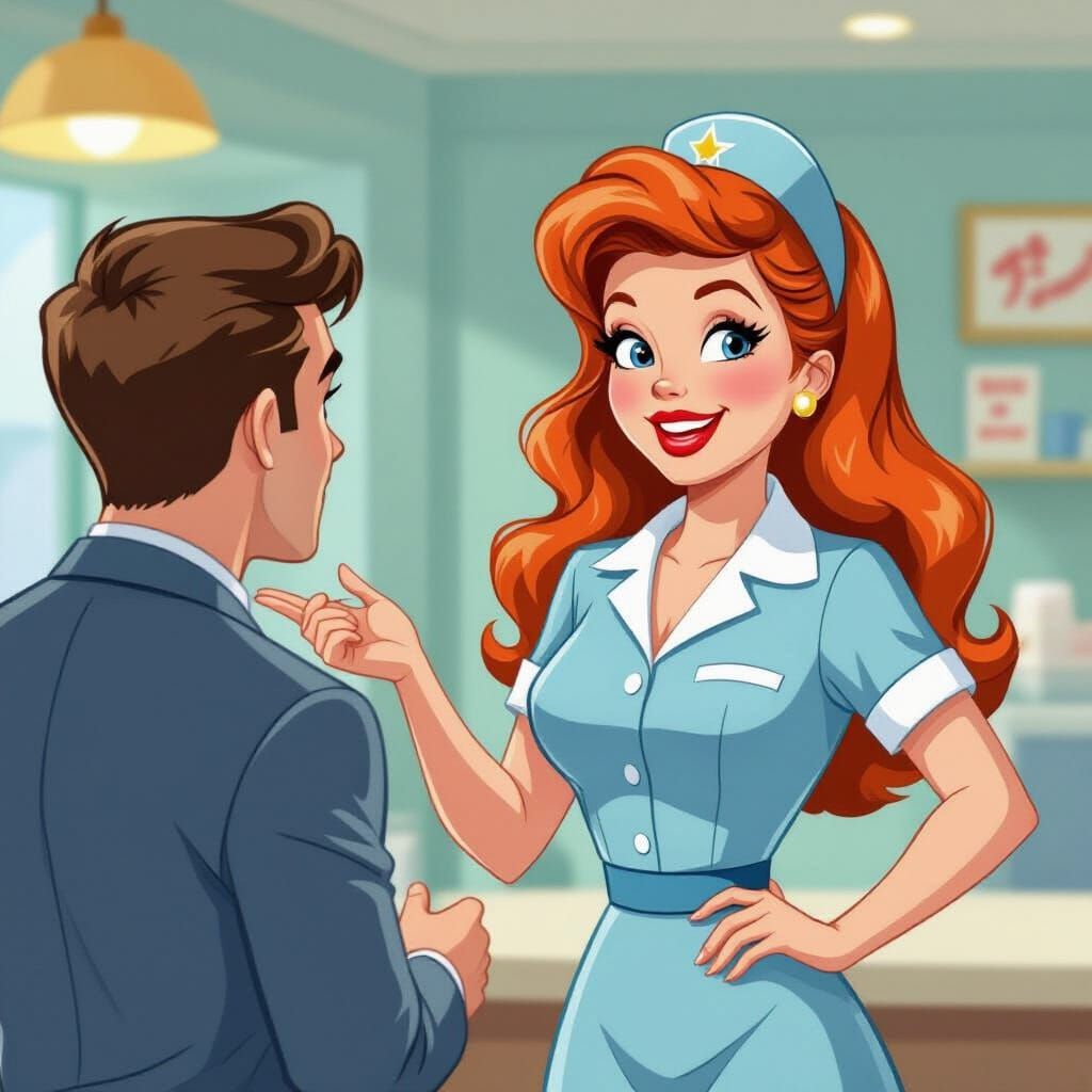 Hanna-Barbera Style Cartoon of Flirting Food Server
