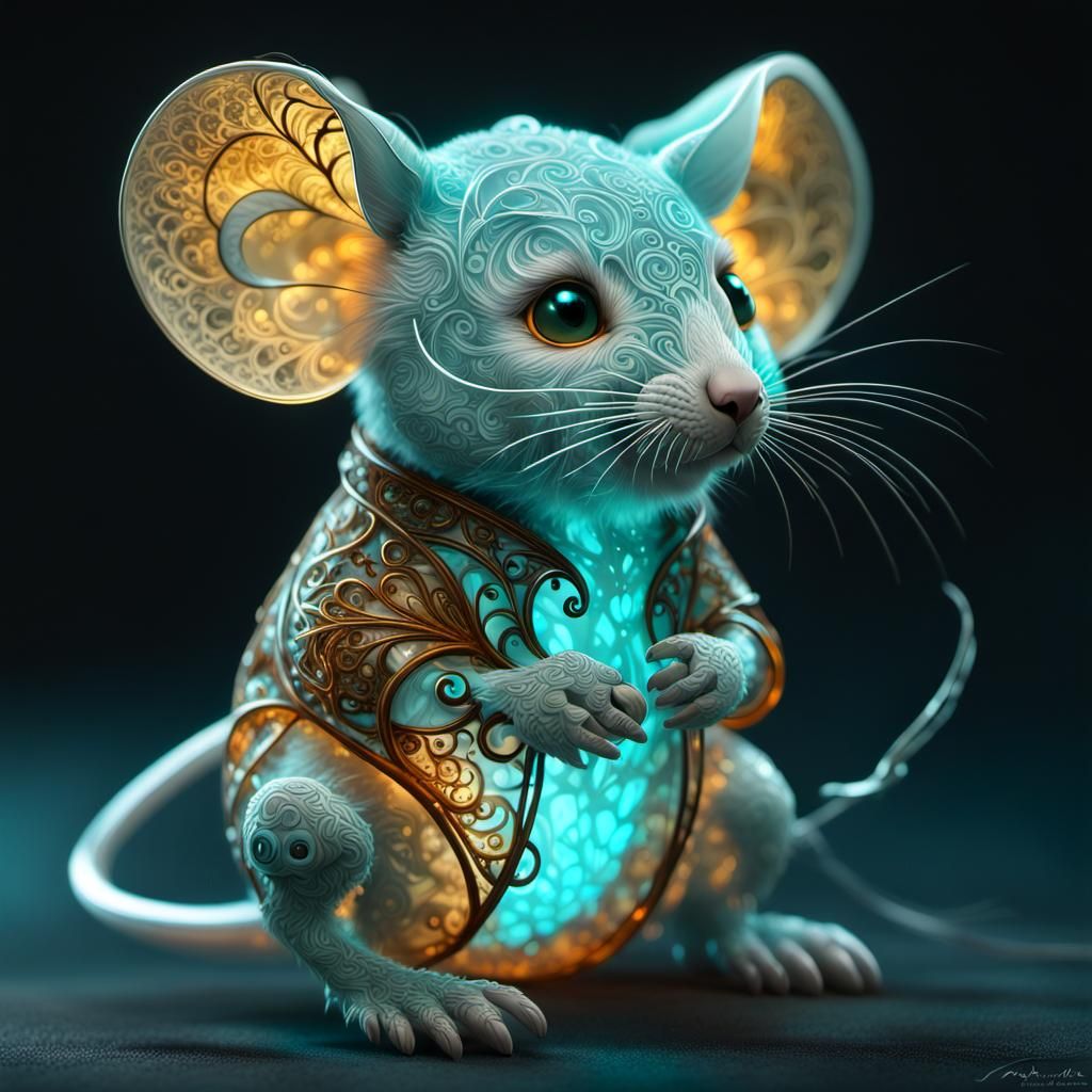 Luminous Turquoise and Amber Fantasy Mouse Cub