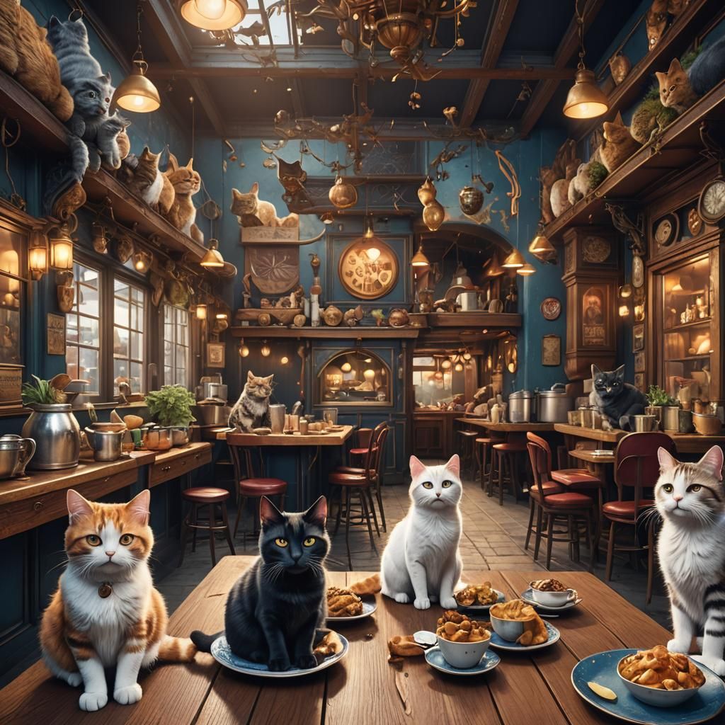 Cats in a Cat Restaurant: Detailed Matte Painting
