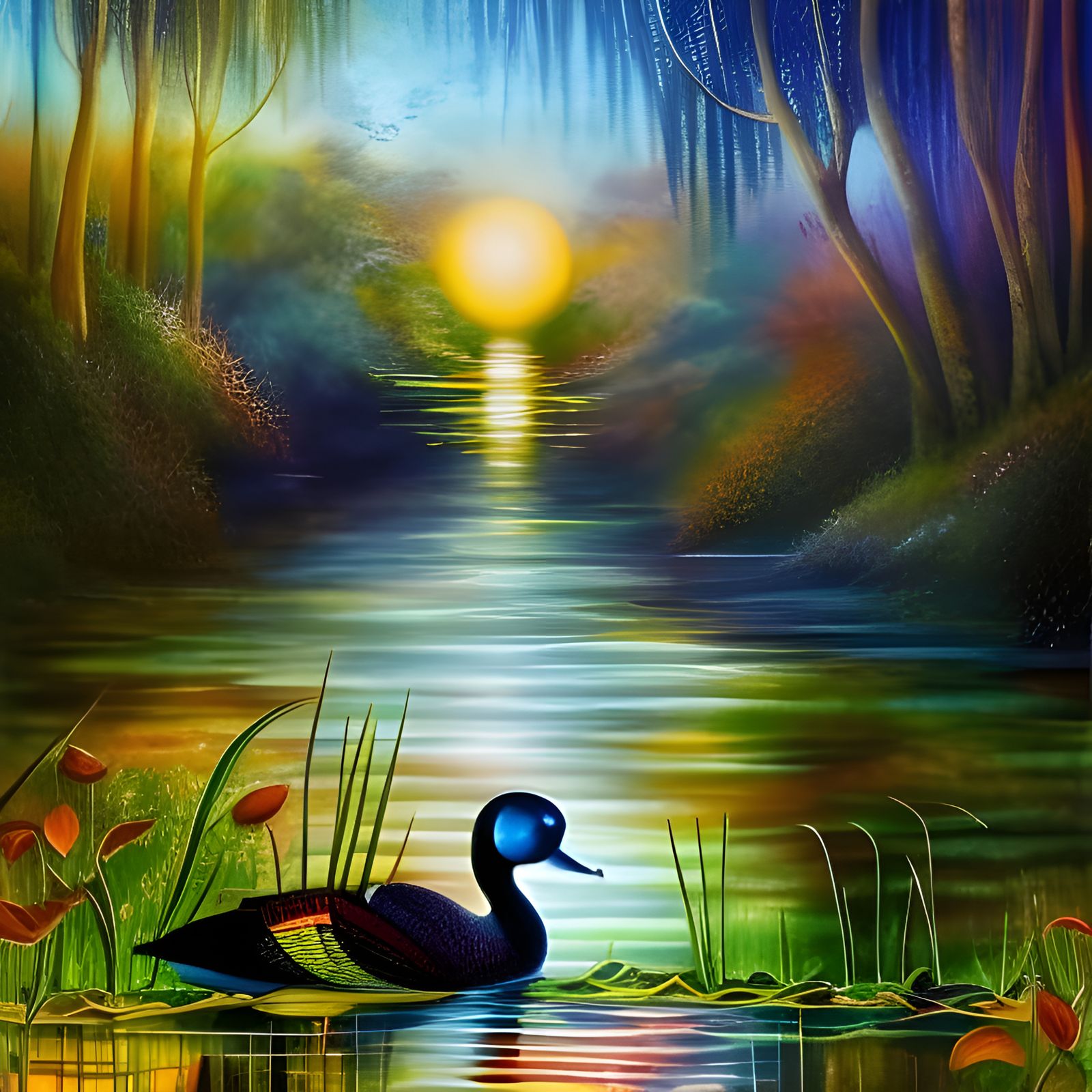 Black Duck in Autumn Forest Watercolor Painting