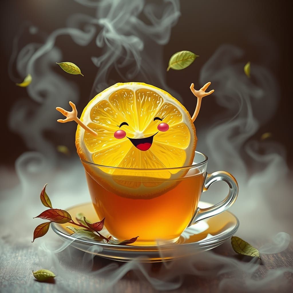 Whimsical Lemon Sprite Leaps on Steaming Tea