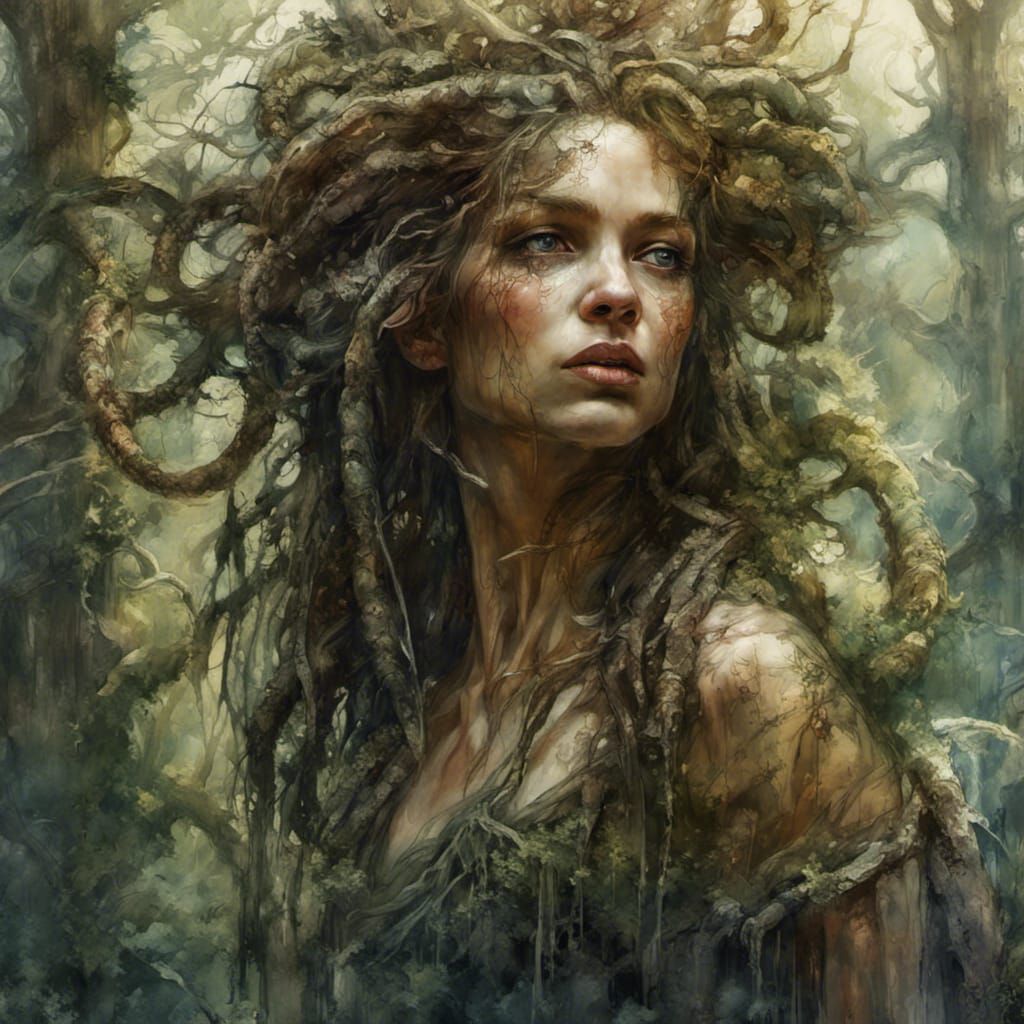 beautiful fantasy Medusa in the forest, realistic face, thick realistic hair, intelligent eyes, sunshine, close-up, dark...