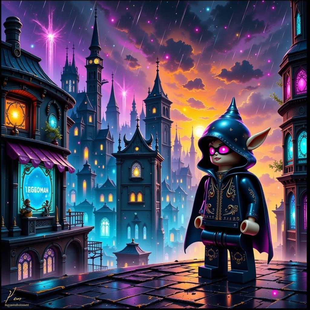 Cyberpunk Elf Thief Lego Figure on Neon Rooftop