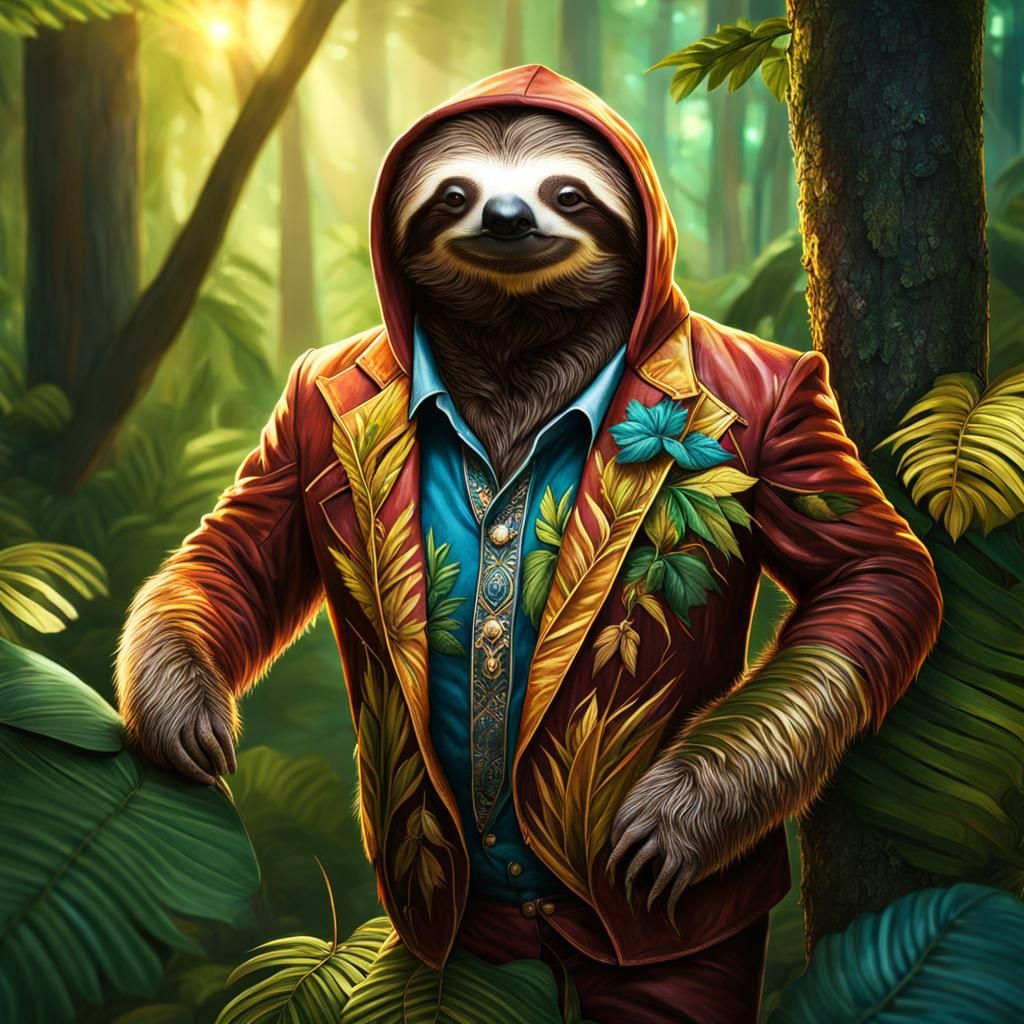 Sloth in Colorful Suit, Forest Scene, Hyperdetailed
