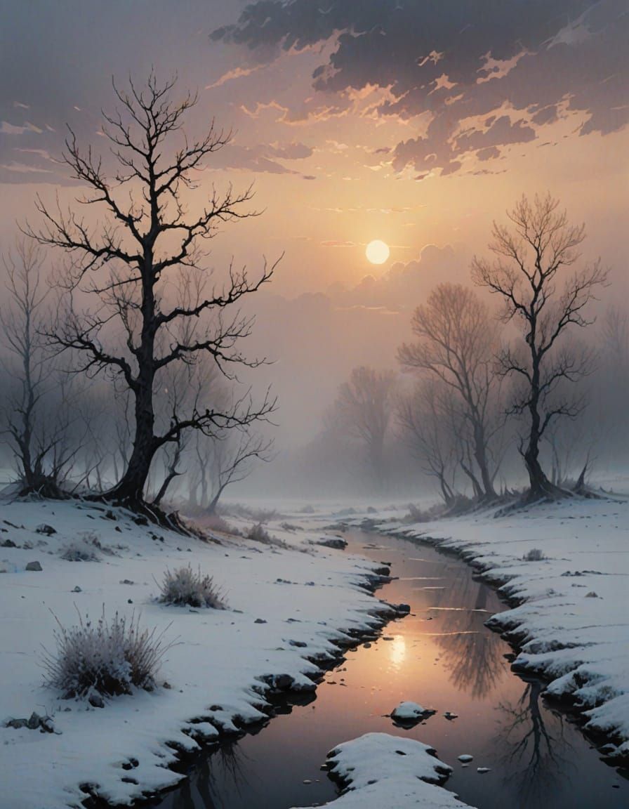 Twilight Frost Landscape in Watercolor Style