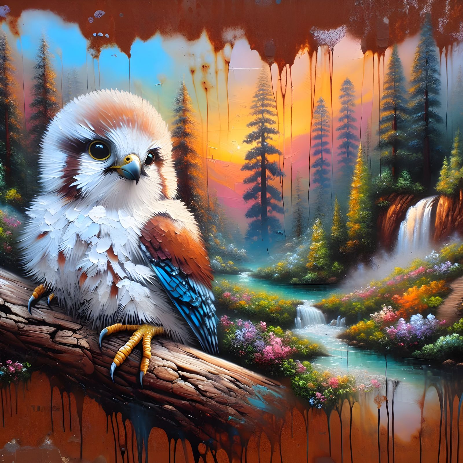 Falcon Fledgling Mural with Redwood Sunset