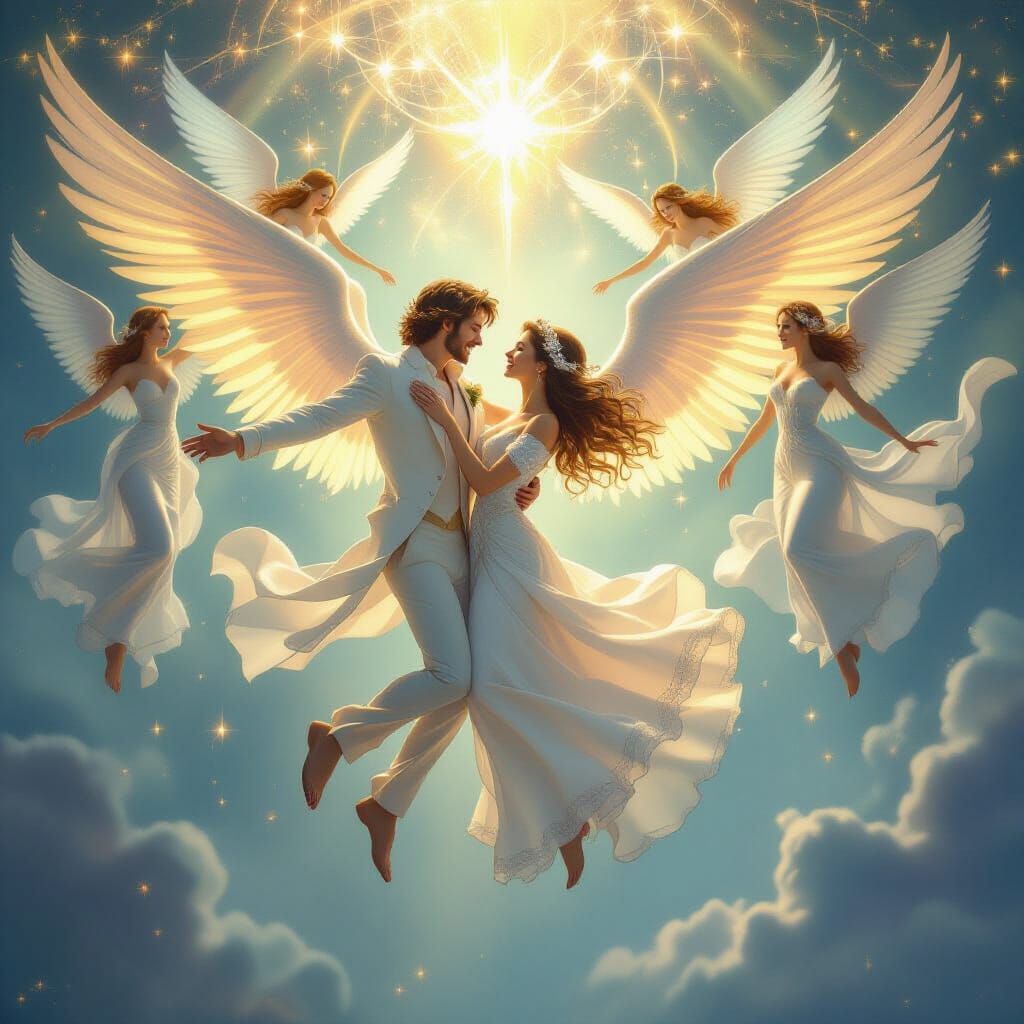 Couple Dancing with Angels in Dreamlike Digital Art