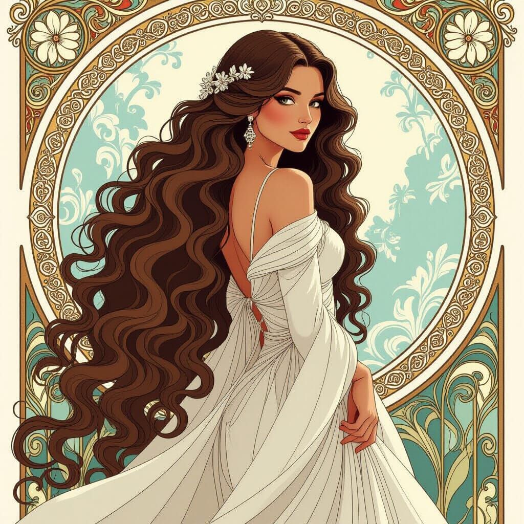 Elegant Woman with Flowing Hair in Art Nouveau Style