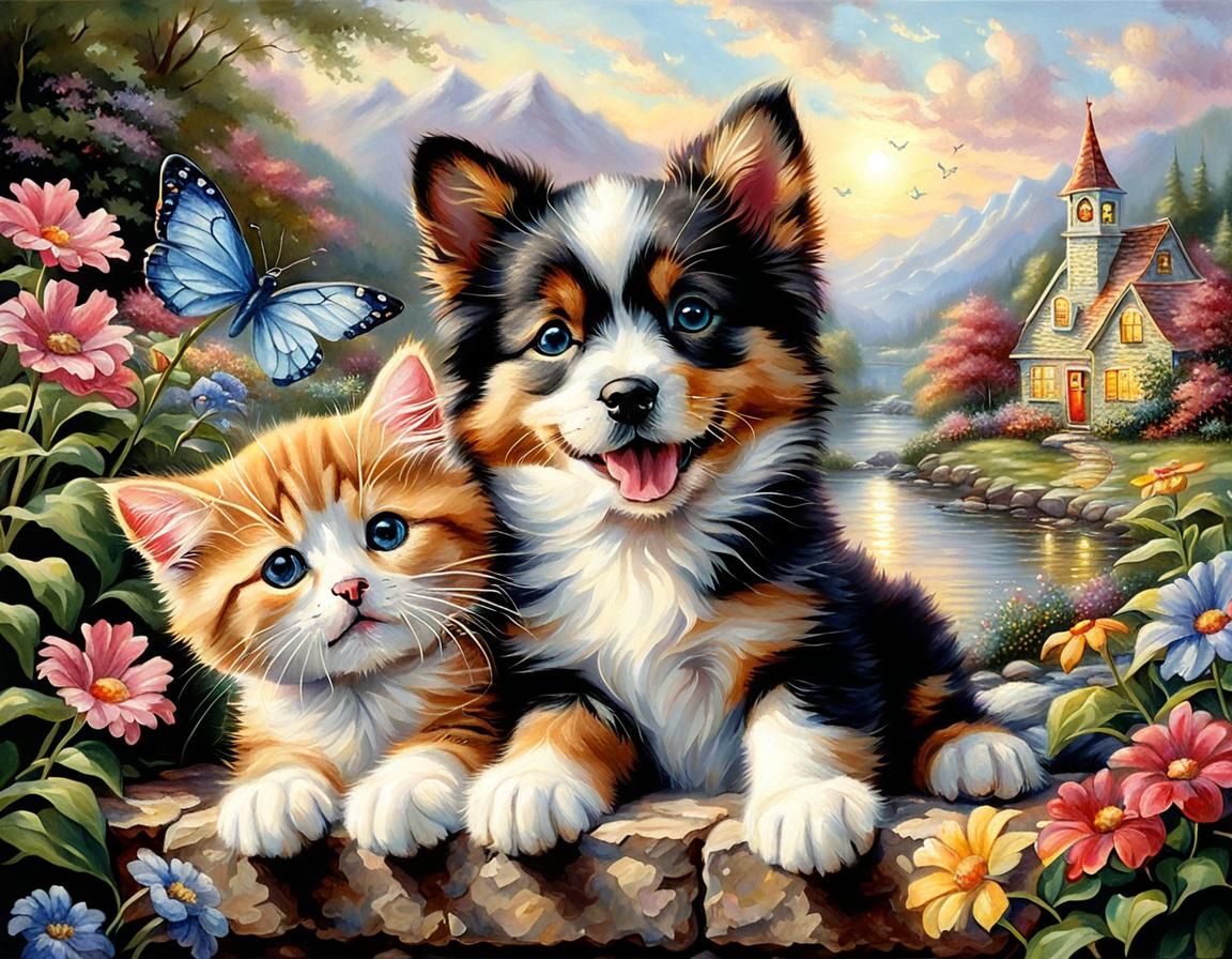 Cute Puppy and Kitten Together in Hyperrealism
