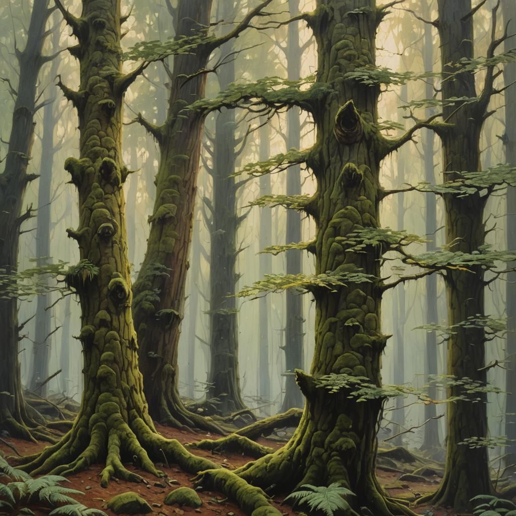 Forest at Dawn Oil Painting in Mossy Green and Gold
