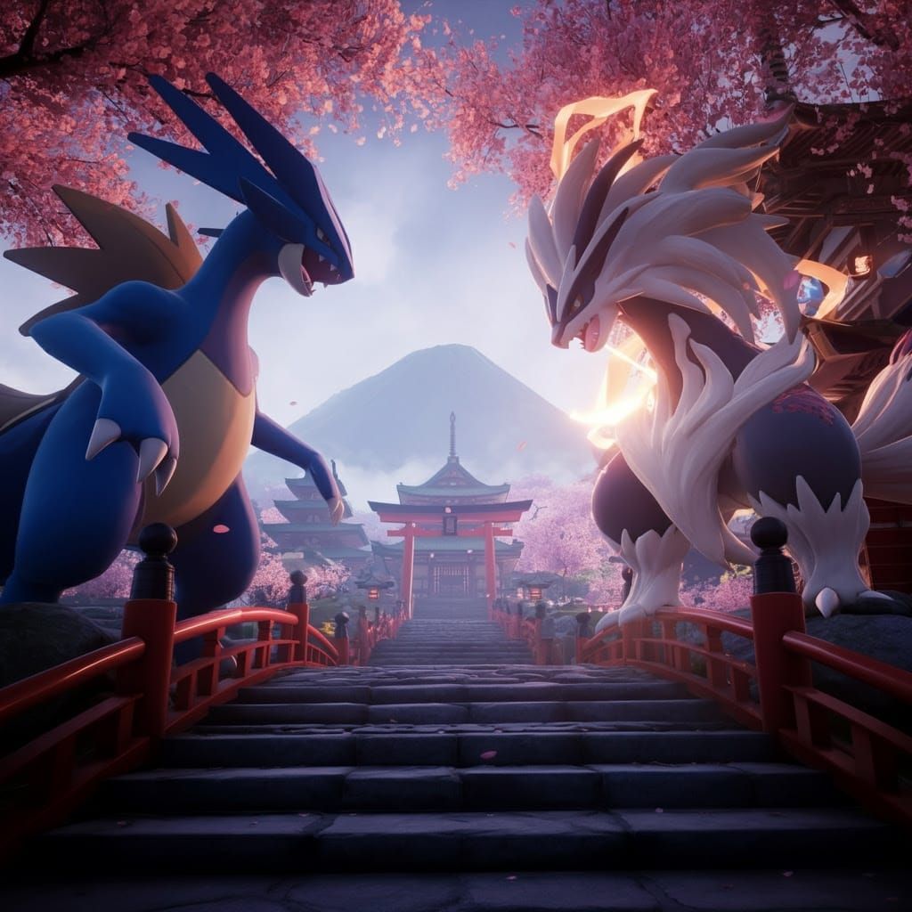 Epic Pokémon Clash in Vibrant Japanese Fantasy