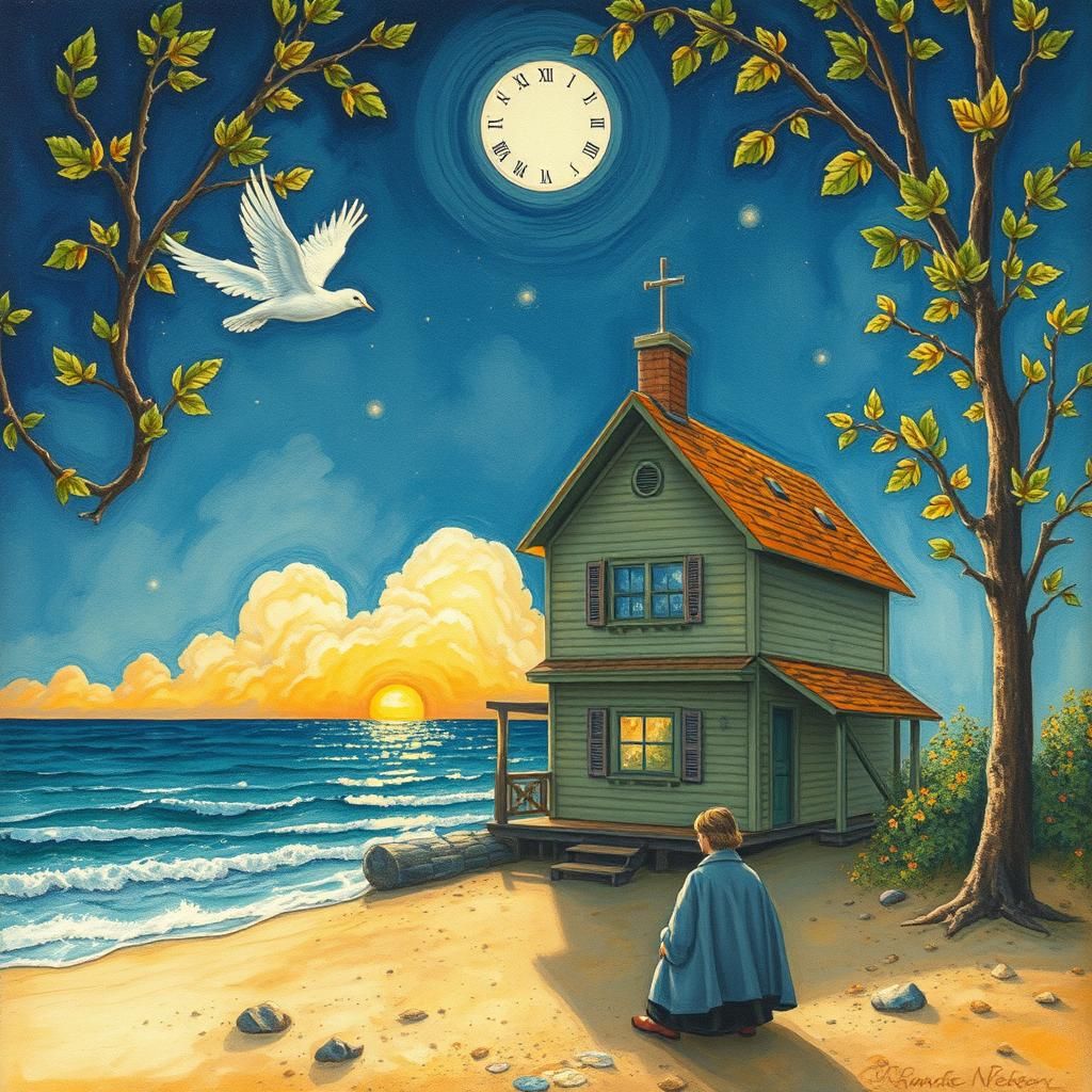 Angelic Homecoming: Gouache Painting of Coastal Return