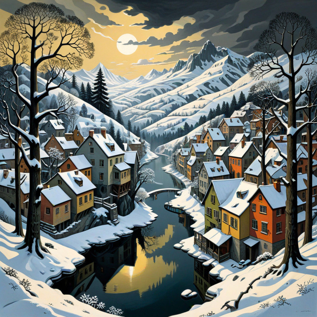 Surreal Winter Wonderlands in M.C. Escher's Style