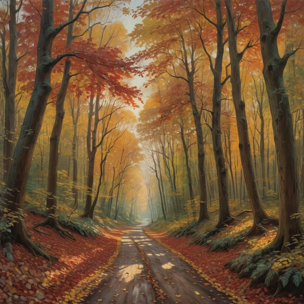 Autumnal Forest Path in Impressionist Style
