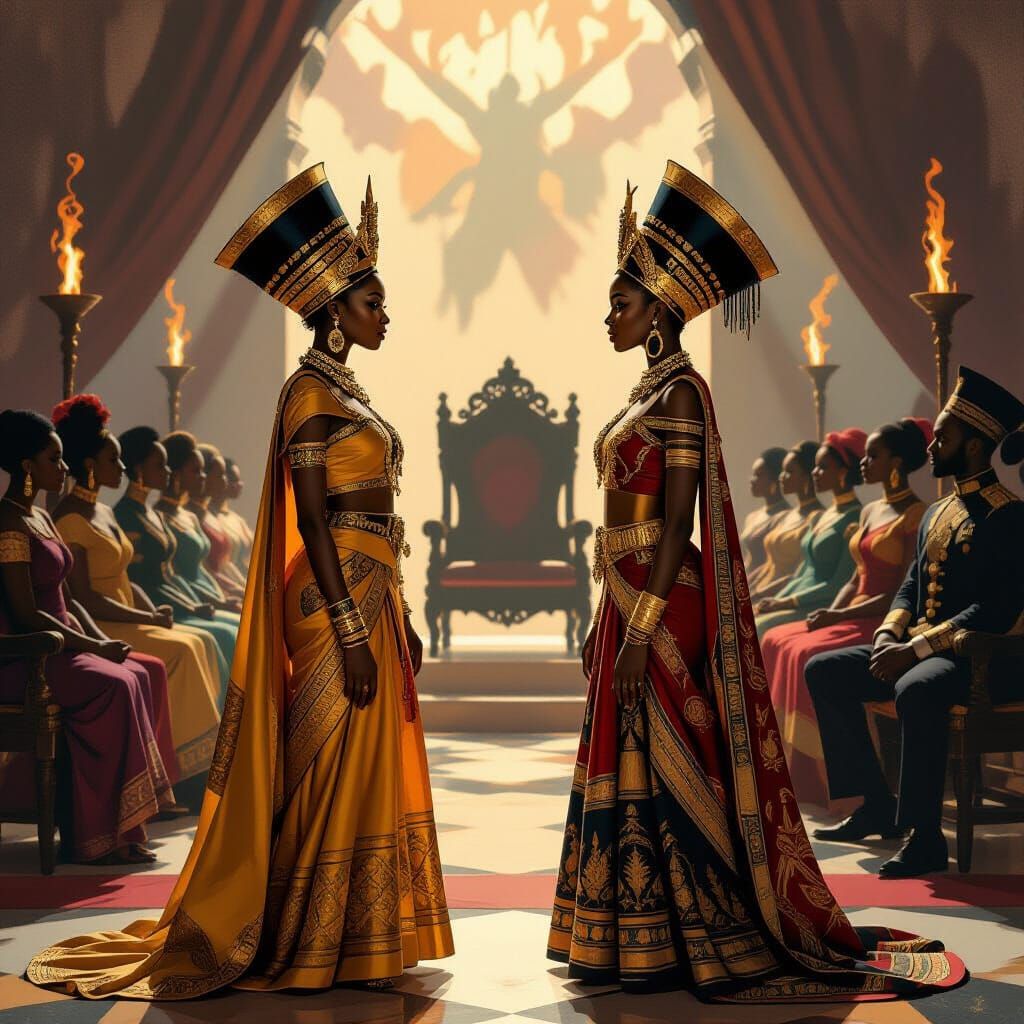 African Twin Princesses in Shadowed Throne Room