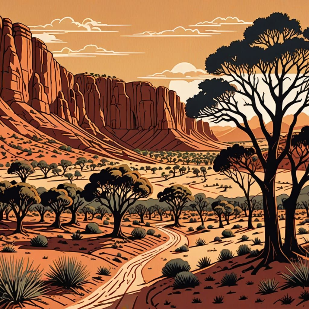 Australian Outback Landscape in Bayeux Tapestry Style