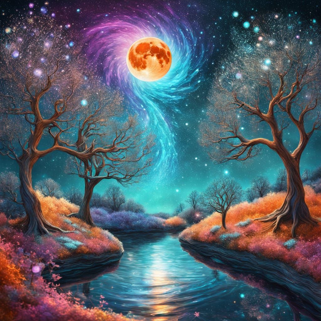 Blood Moon Over Winter Trees: Abstract Prism Reflection