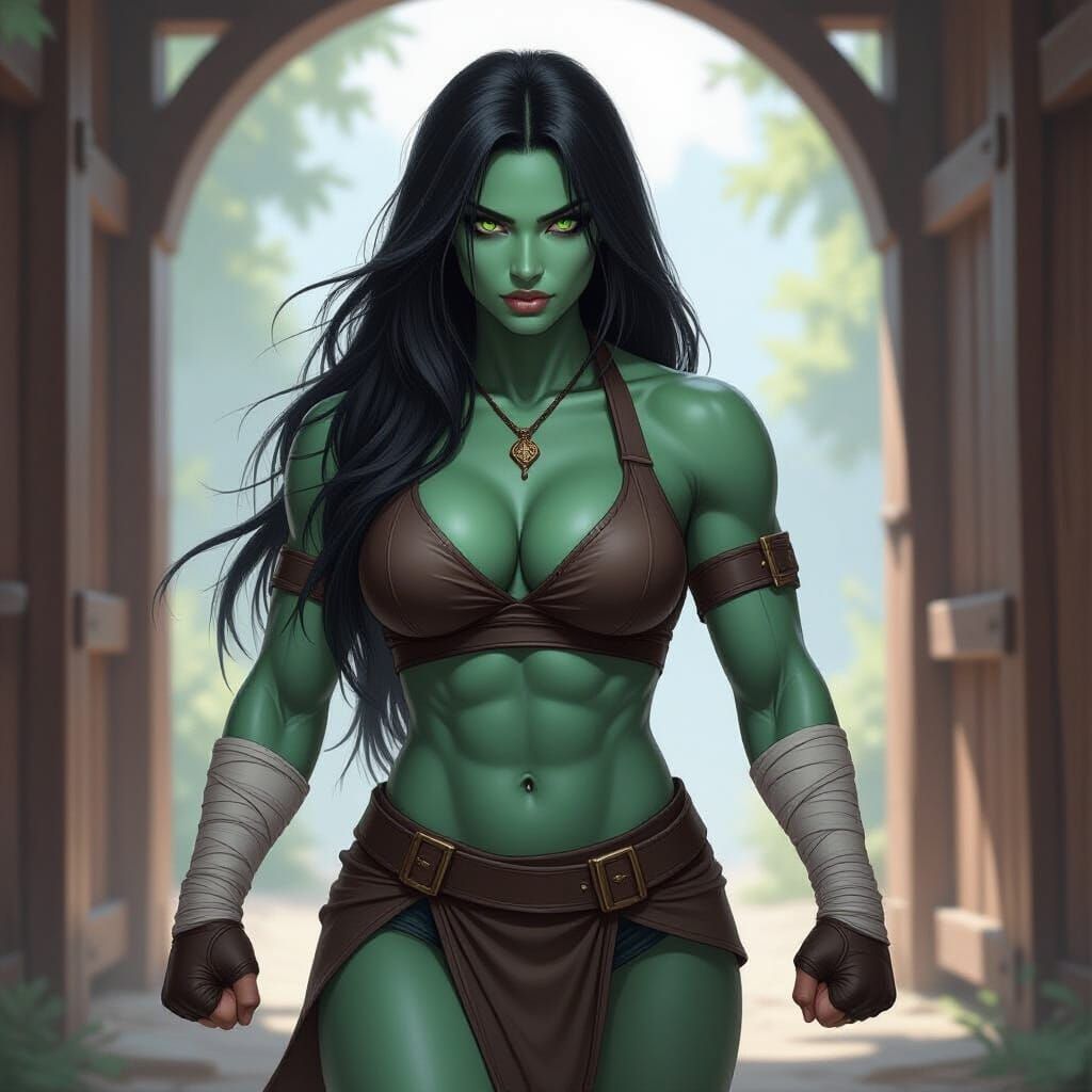 Muscular Ogress in Amazonian Attire Enters Wooden Archway