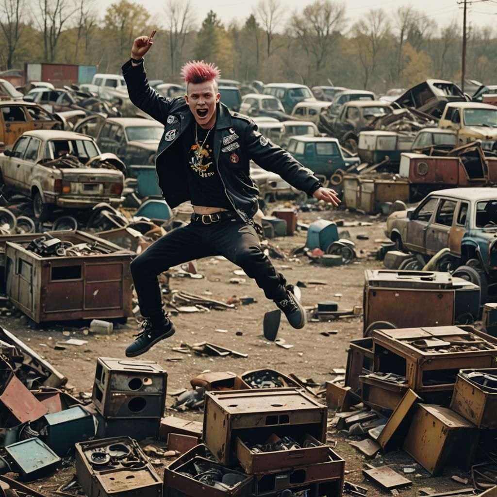 Punk Jumps in Junkyard: Cinematic Film Still