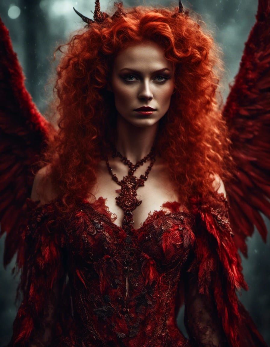 Menacing Red-Haired Demon with Angel Wings