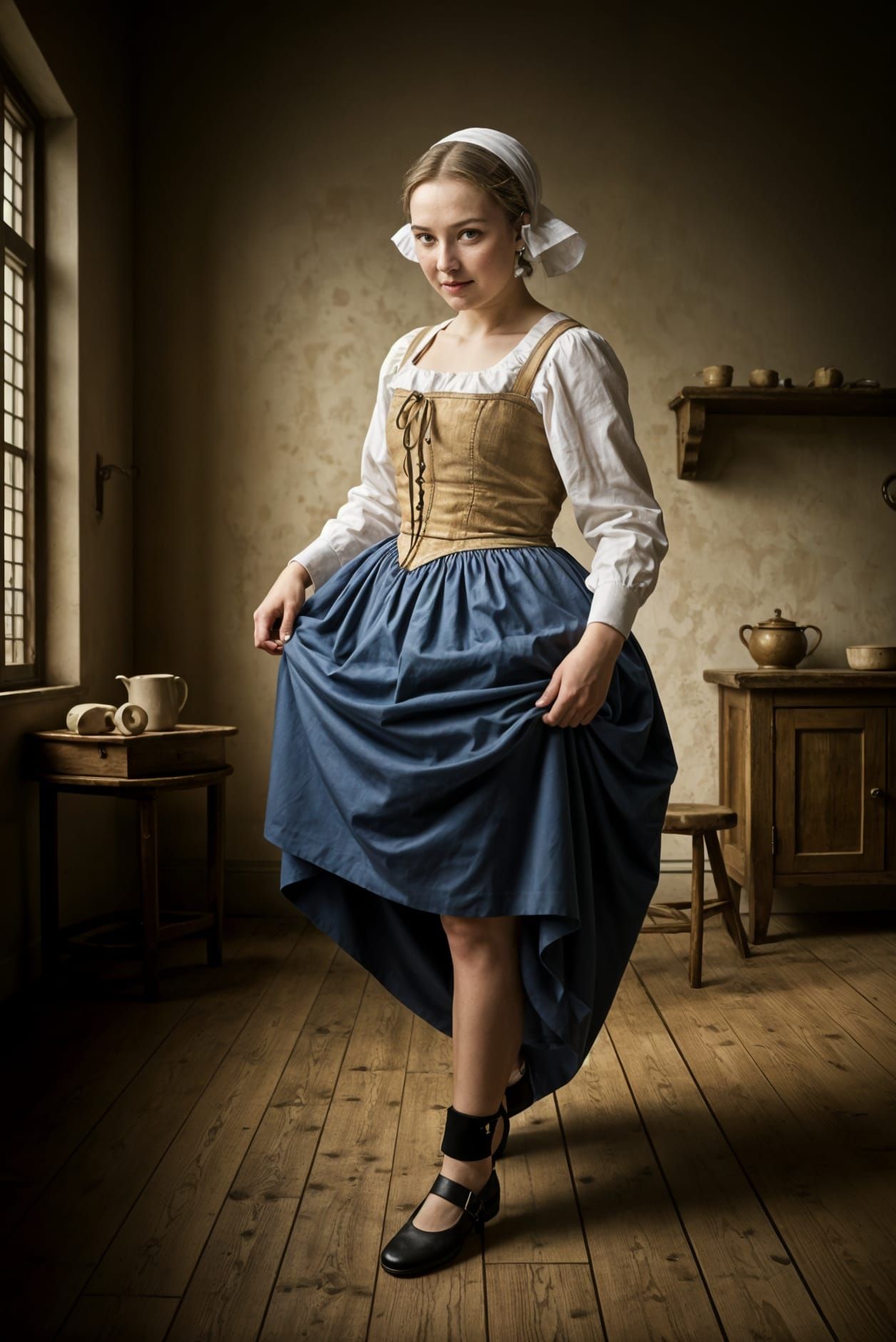 Vermeer-Inspired Portrait of a Young Woman with a Mischievou...