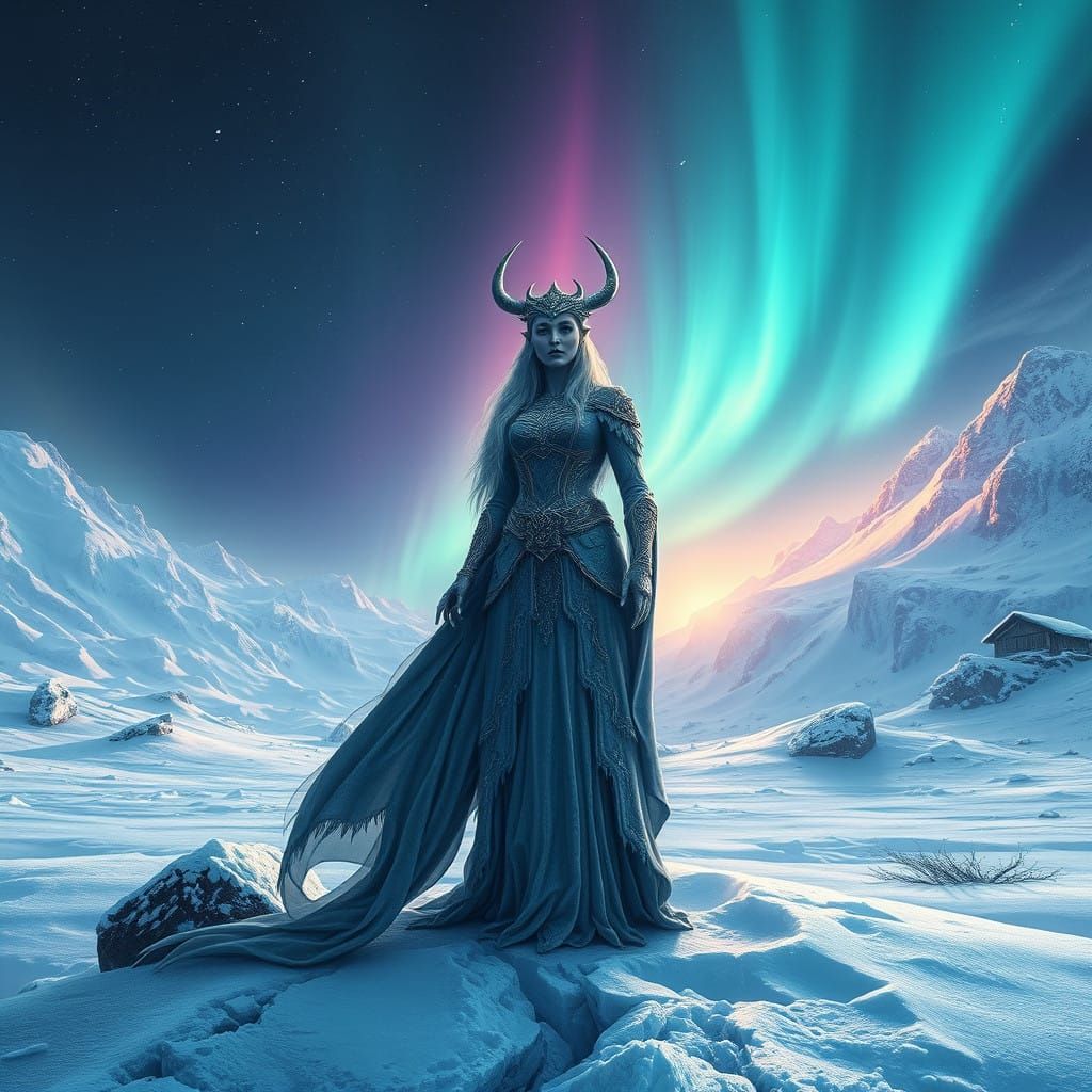 Norse Goddess of Winter Solstice in a Frozen Landscape