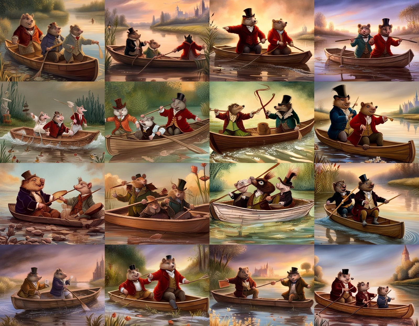 Water-Rat and Mole Rowing in Regency Era Gouache