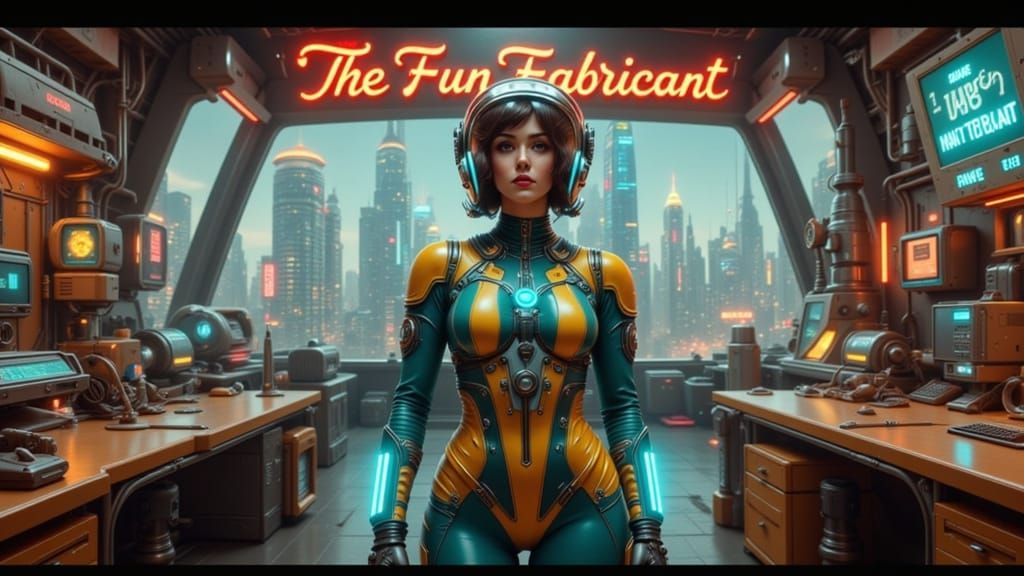 Confident Inventor in Retro-Futuristic Lab with Cityscape Vi...