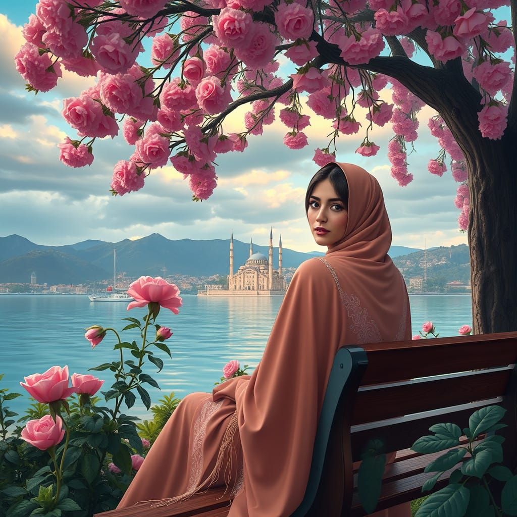 Arab Woman in Vibrant Papaya Garden near Istanbul