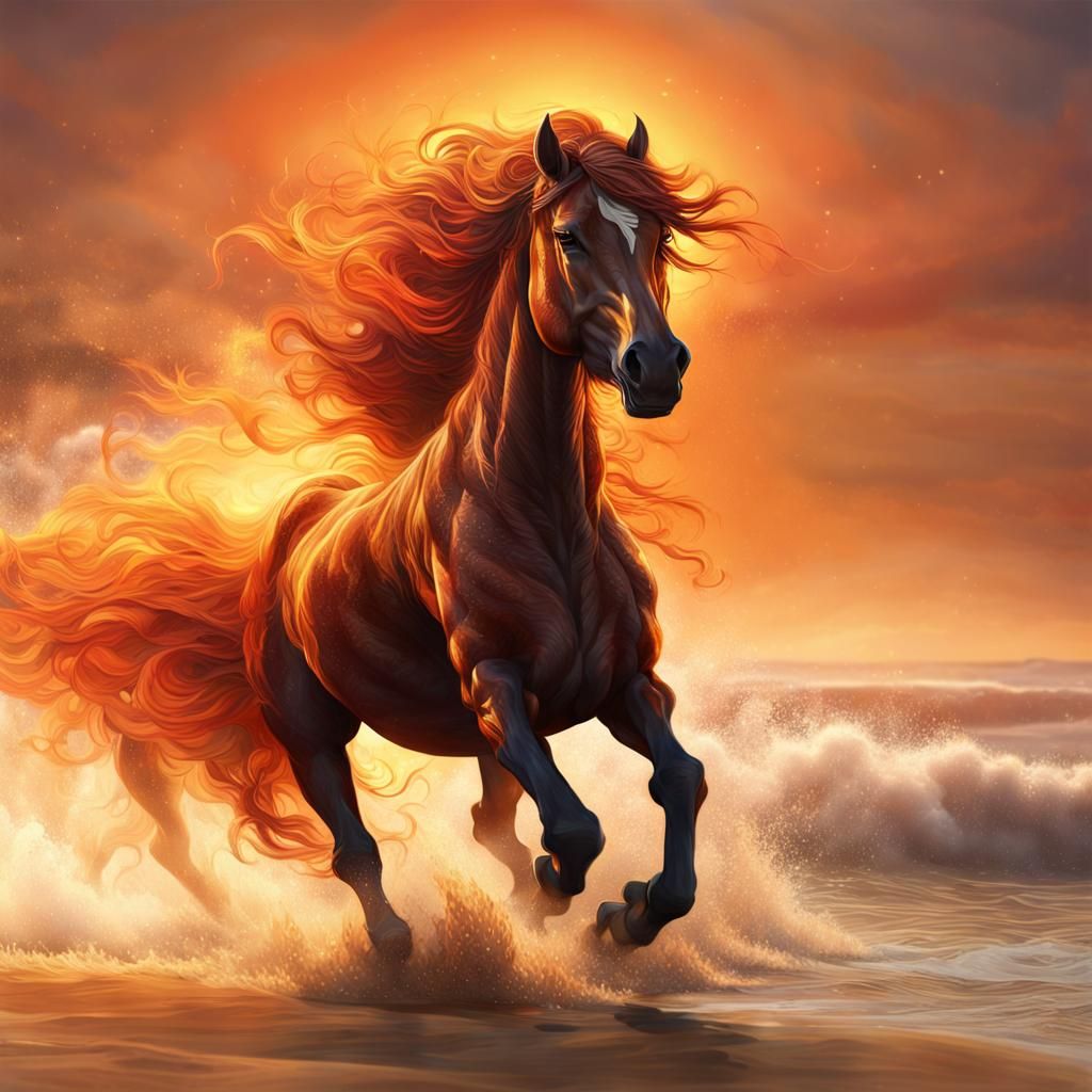 Fiery Horse Galloping on Sunset Beach
