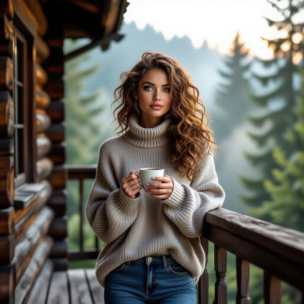 Woman on Balcony in Misty Forest, Impressionism