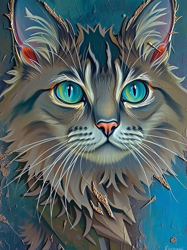 Regal feline with luscious grey fur, vibrant yellow eyes, an...