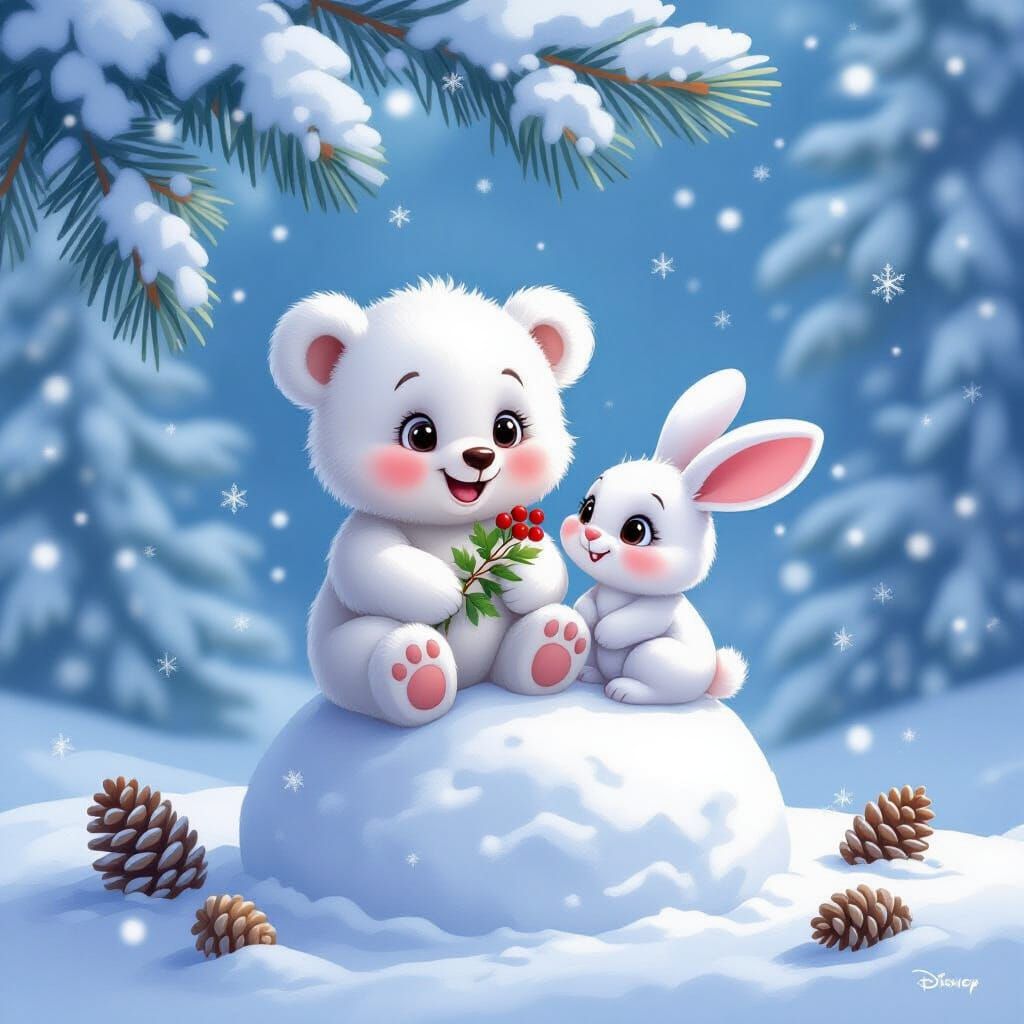 Smiling Bear and Bunny in Snowy Fairy Tale Illustration