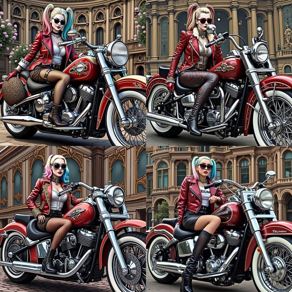 Gorgeous Harley Quinn Riding a Vintage Triumph Motorcycle in...
