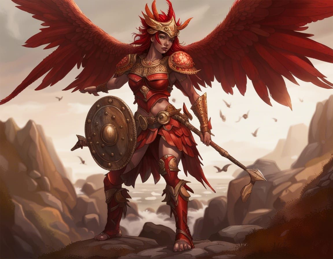 Red Harpy Warrior Posing on Rocky Coast