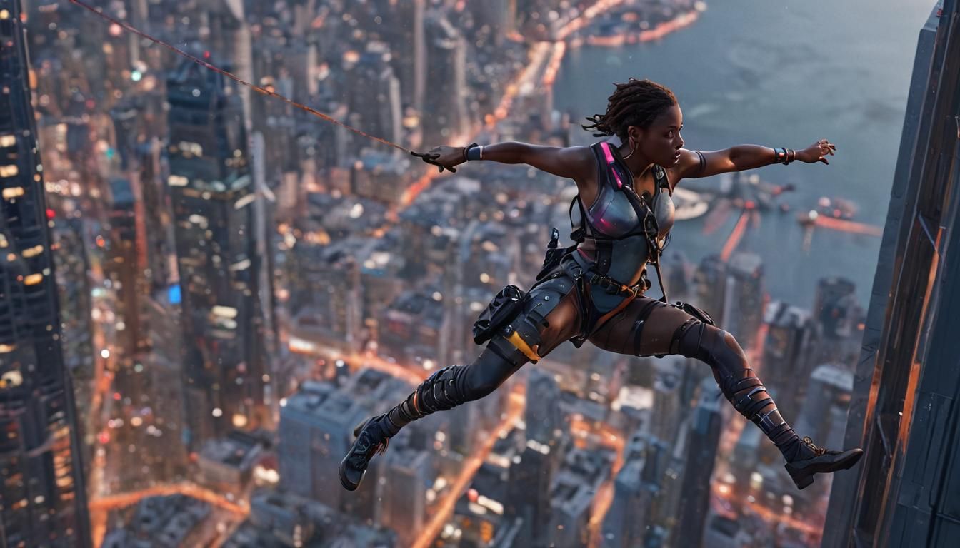 Bungee Jump Leap in Futuristic Cityscape
