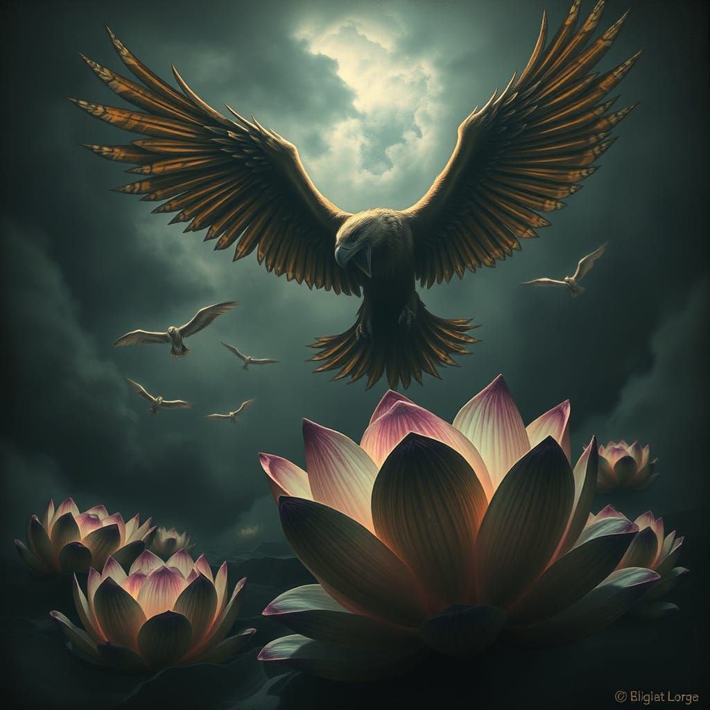 Griffin Soaring Over Lotus Flowers in Dark Fantasy Style