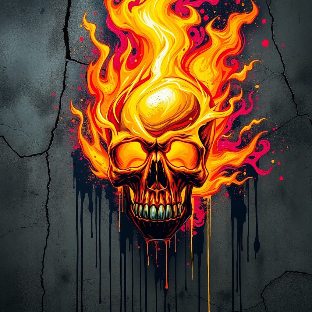 Flaming Skull Graffiti Art in Urban Setting