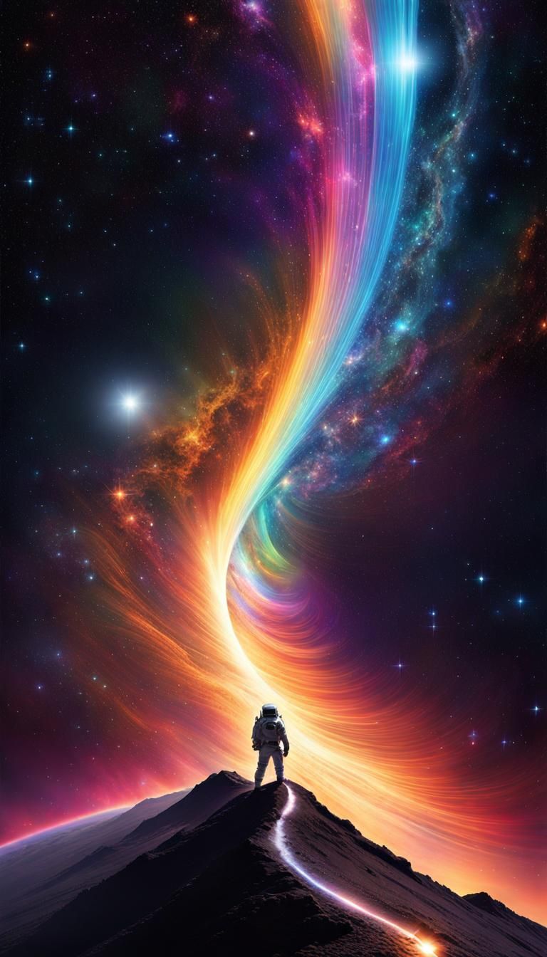 Astronaut's Colorful Path to the Moonlit Sky