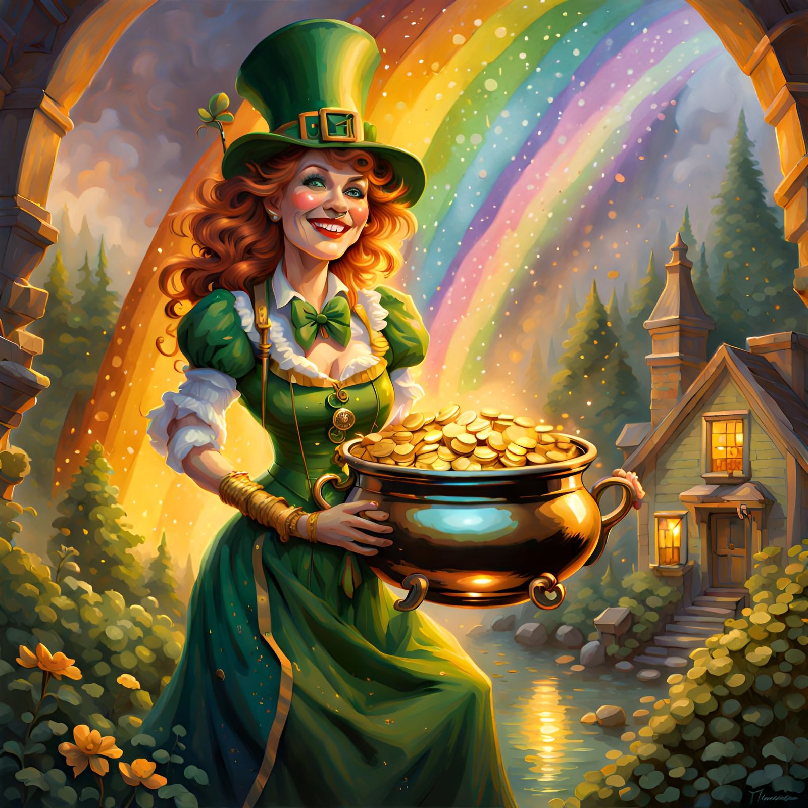 Grinning Leprechaun Woman with Pot of Gold