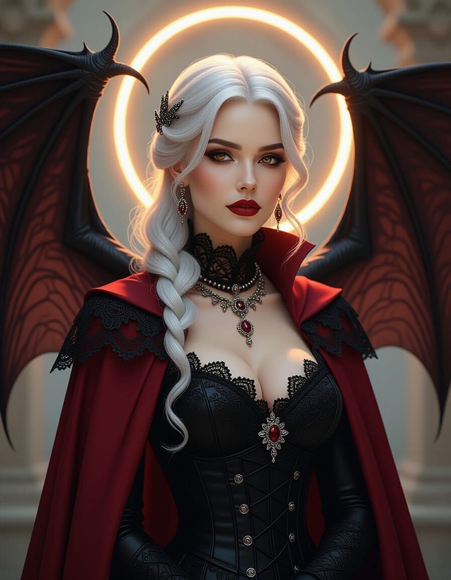 Gothic Silver-Haired Noblewoman with Bat Wings