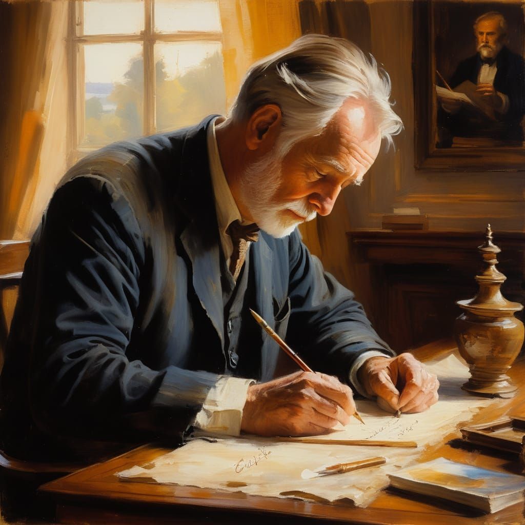 Calligrapher at Desk in Impressionist Oil Painting