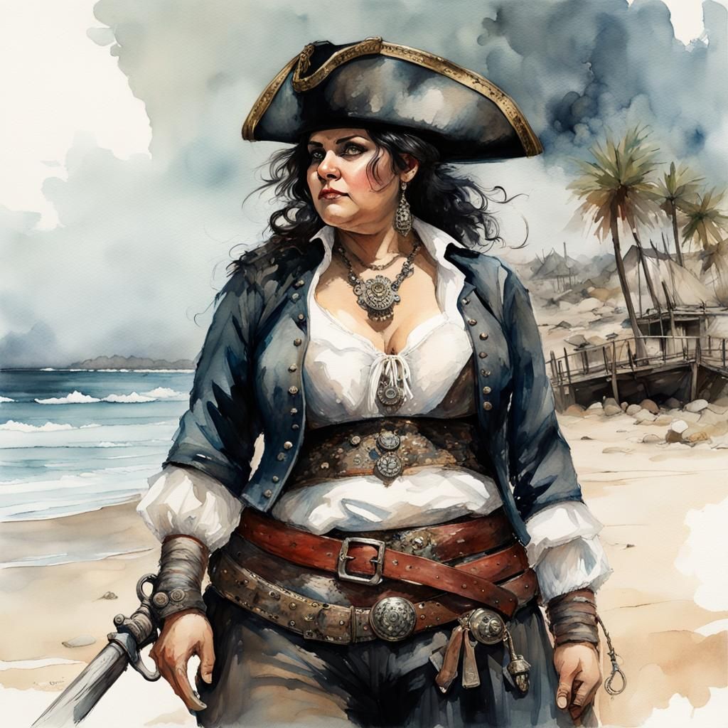 Watercolor Pirate Queen on Island Beach