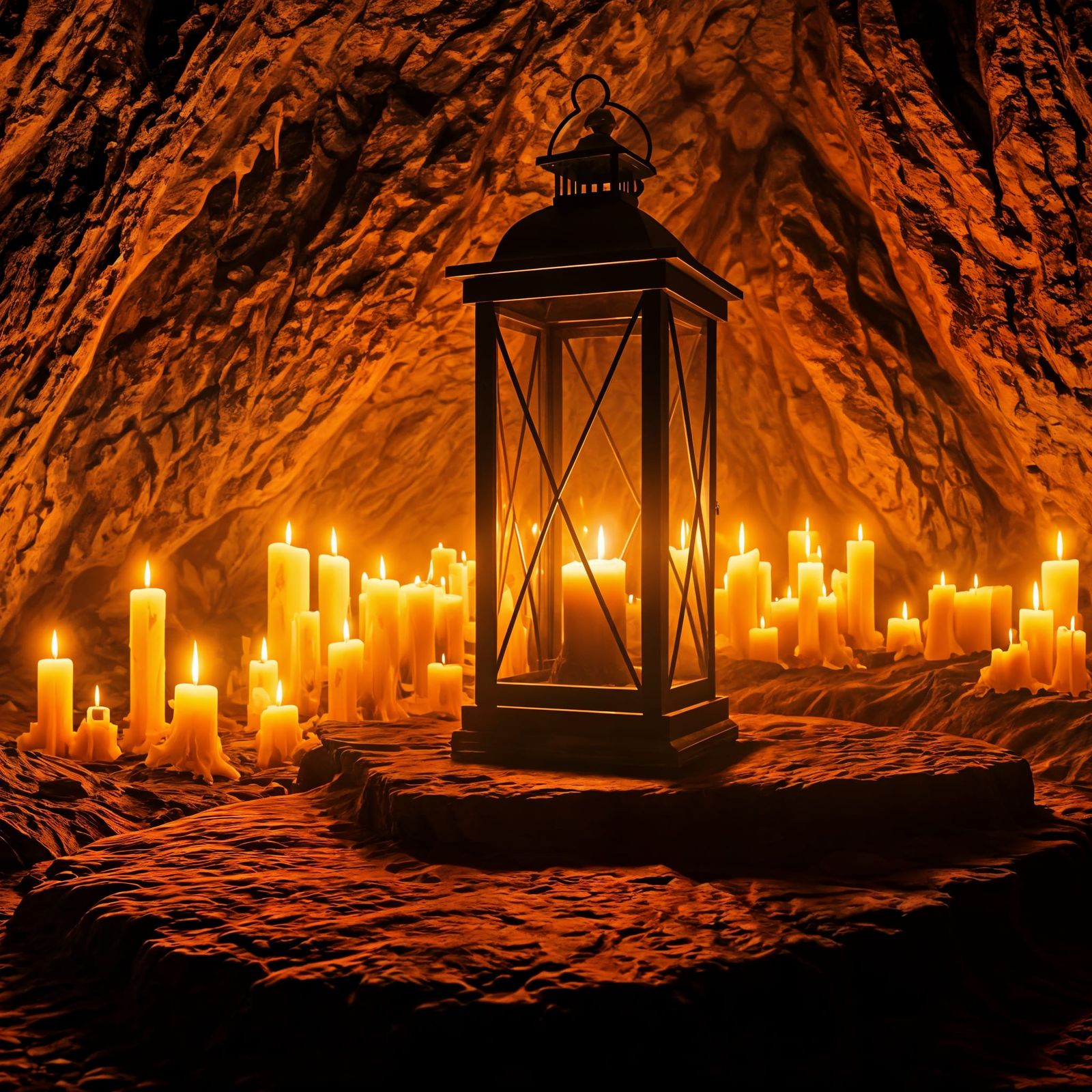 Rustic Lantern in Candlelit Cave with Mystic Fog