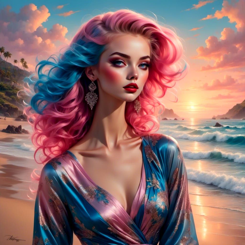 Girl with Pink and Blue Hair Charcoal Portrait