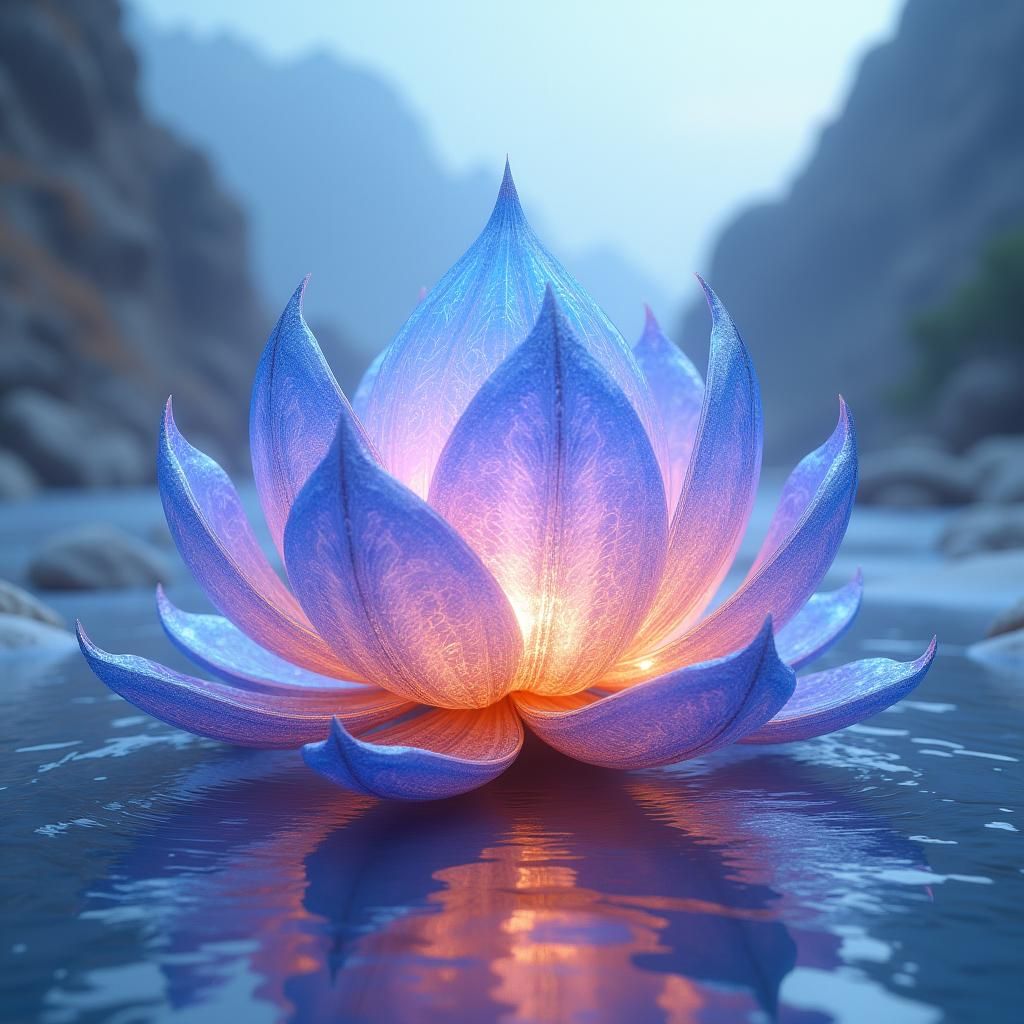Iridescent Glass Lotus on a Serene Beach