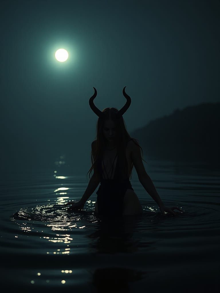 Moonlit Demon Emerges from Dark Lake Waters