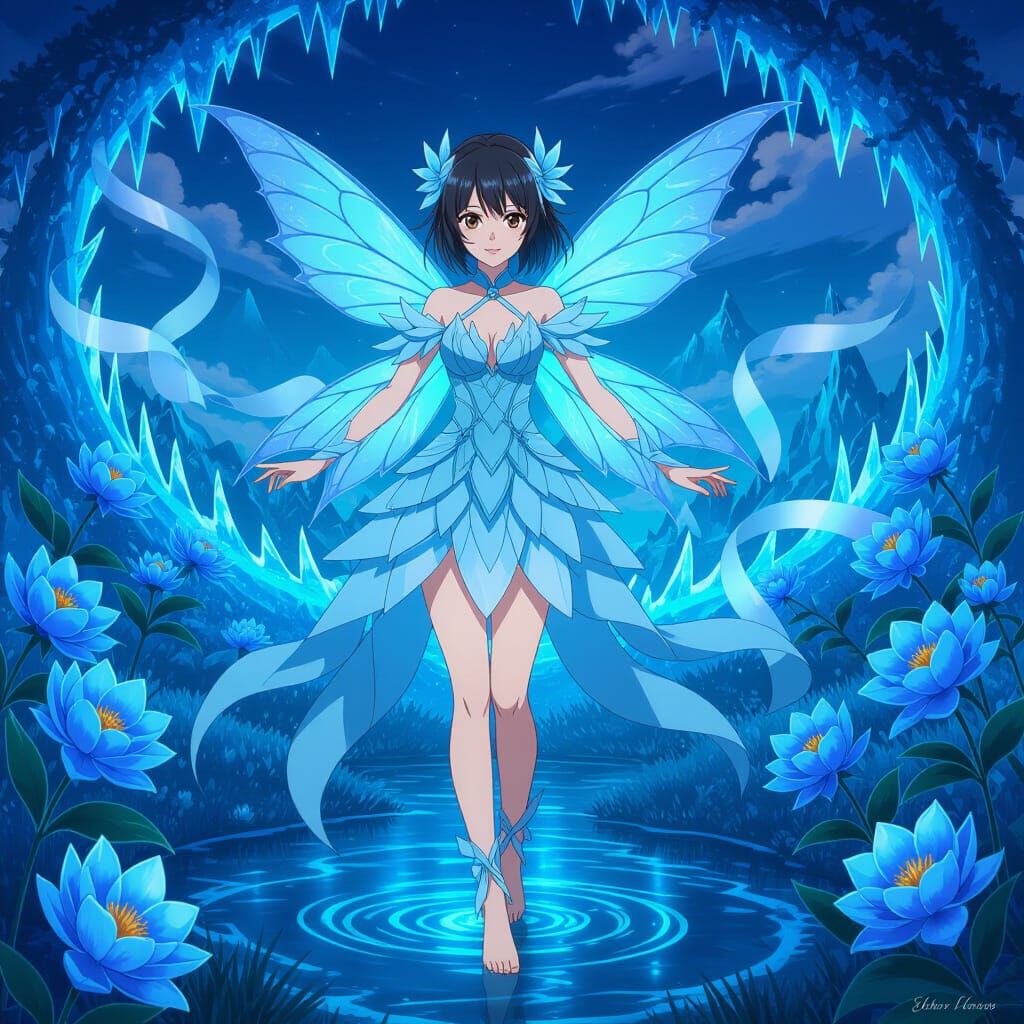 Anime Fairy Woman in Ice-Blue Landscape